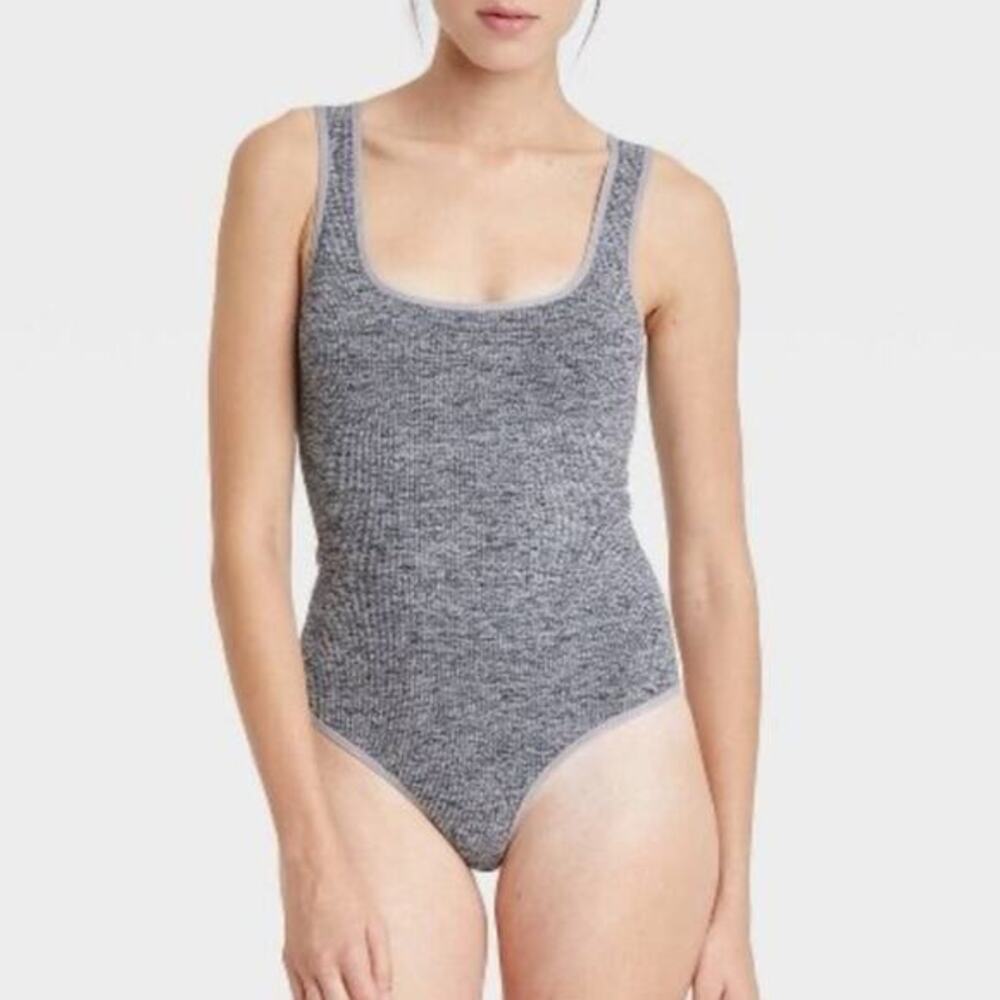 Colsie Bodysuit Womens L Gray Ribbed Scoop Neck Stretch Minimalist Basic Casual